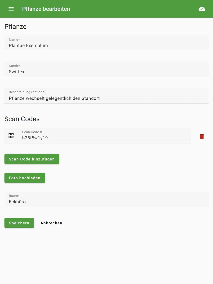 Pflava auf dem Tablet: Pflanze bearbeiten mit Name, Kunde, Beschreibung, Scan-Codes, Foto-Upload und Raum