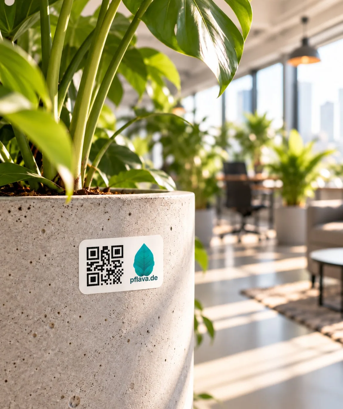 Pflava-QR-Sticker mit Logo auf einem Pflanzkübel aus Beton, im Hintergrund ein begrüntes Büro