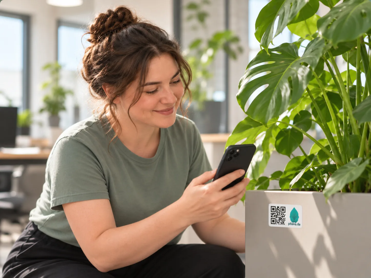Pflegekraft scannt mit dem Smartphone den Pflava-QR-Sticker am Pflanzkübel einer Monstera im Büro
