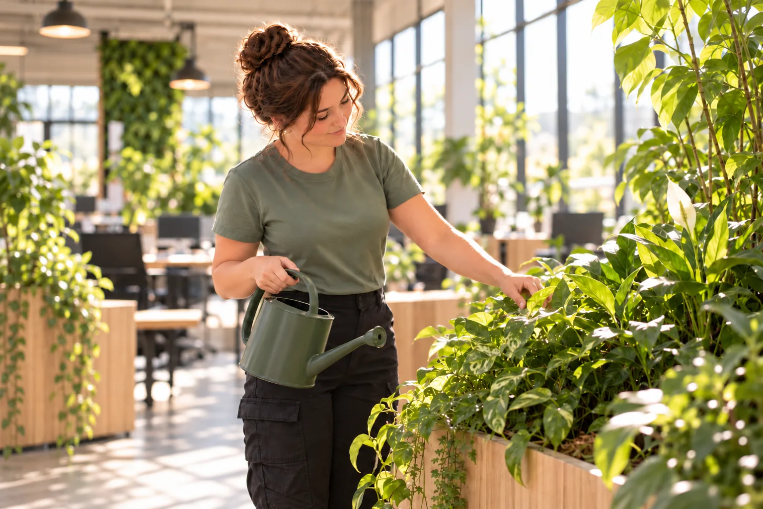 Pflegekraft mit Gießkanne prüft die Pflanzen in einem Pflanzkübel in einem hellen Großraumbüro