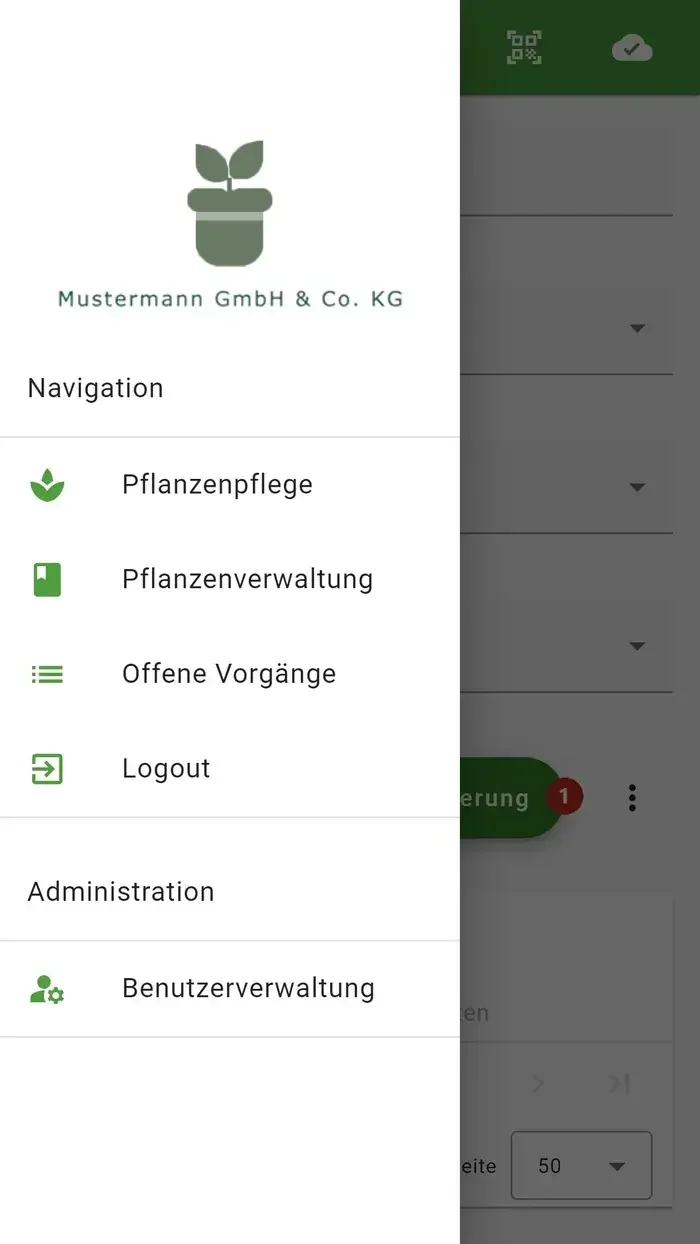 Pflava auf dem Smartphone: Seitenmenü mit eigenem Firmenlogo und den Bereichen Pflanzenpflege, Pflanzenverwaltung, Offene Vorgänge und Benutzerverwaltung
