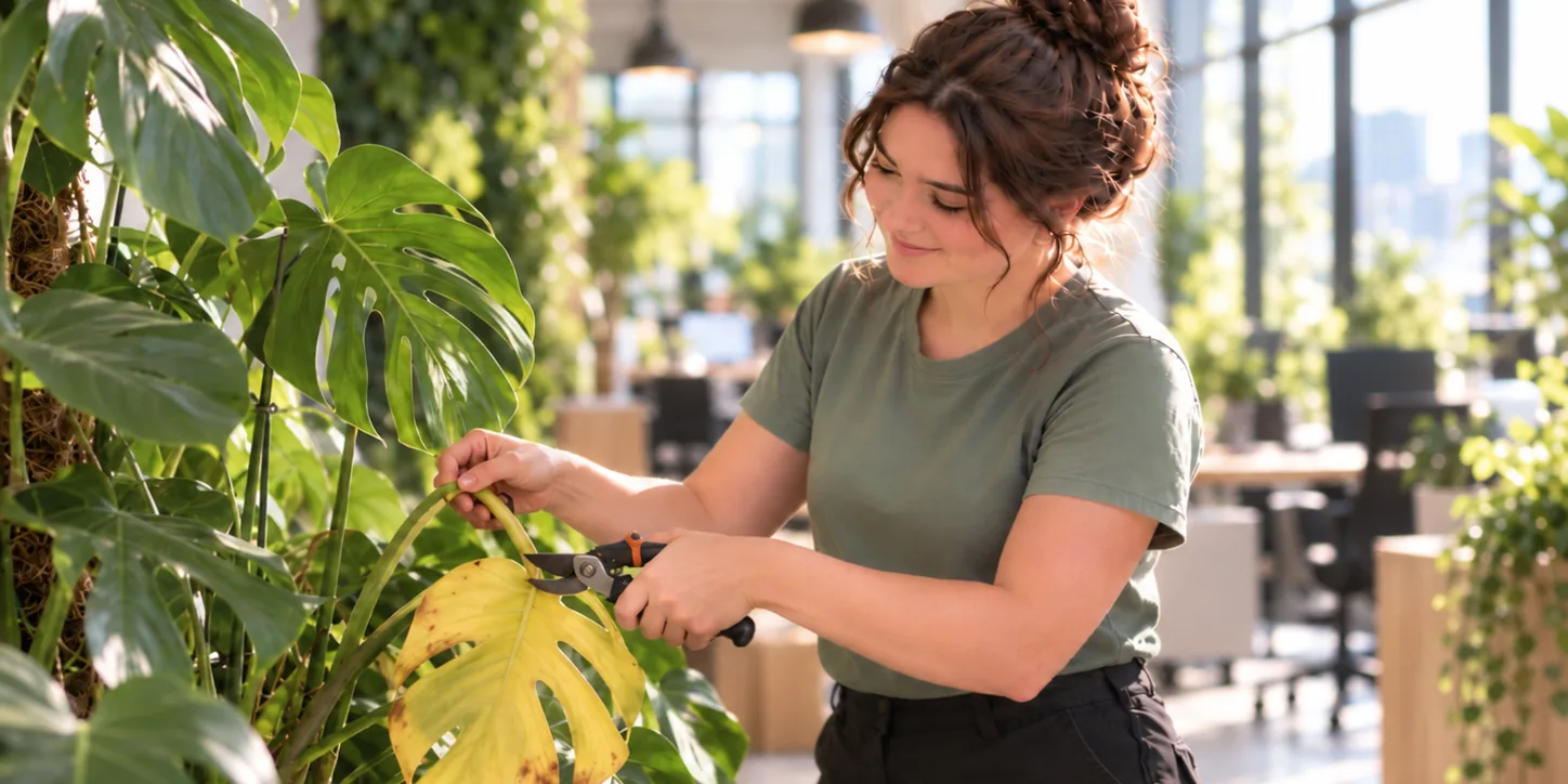 Pflegekraft schneidet mit einer Gartenschere ein vergilbtes Blatt an einer Monstera in einem begrünten Großraumbüro ab